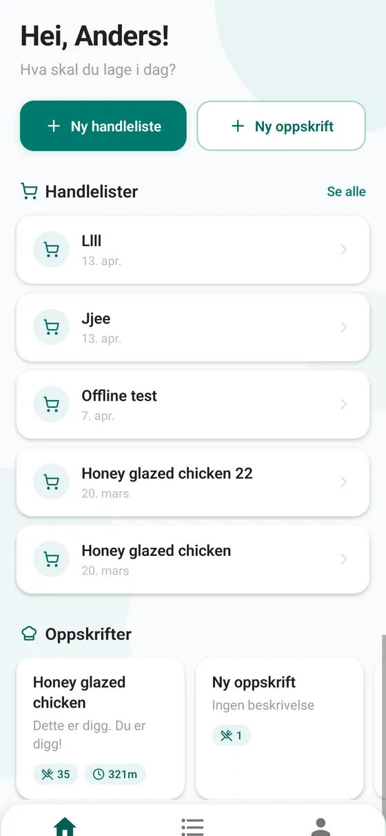 Vimse home screen showing shopping lists and recipes